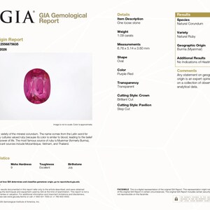 May include: A GIA Gemological Report for a 1.09 carat oval-shaped natural ruby. The report details a purple-red, transparent stone from Burma with a brilliant cut crown and step cut pavilion, measuring 6.76 x 5.14 x 3.60 mm.
