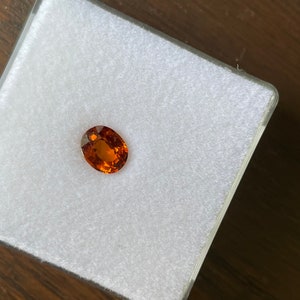 May include: A close-up of a small, oval-shaped, orange gemstone in a white, velvet-lined box.