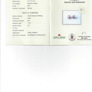 May include: A certificate of authenticity for a pair of pink spinel earrings. The earrings are set in a gold setting and are surrounded by diamonds. The certificate is from Jewel House Gem Laboratory and is signed by a certified gemologist. The certificate states that the spinels are natural and from Mogok, Myanmar. The spinels weigh 6.71 grams (0.99 carats) and measure 4.7 x 4.1 millimeters. The certificate also states that the spinels are of good cutting and polishing quality.
