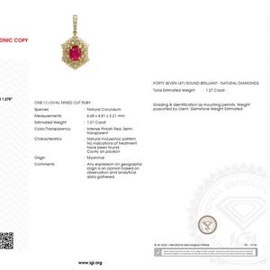 May include: A jewellery report from the International Gemological Institute. The report details a yellow gold pendant with a red oval-cut ruby and 47 natural diamonds. The report includes measurements, estimated weight, and colour transparency.