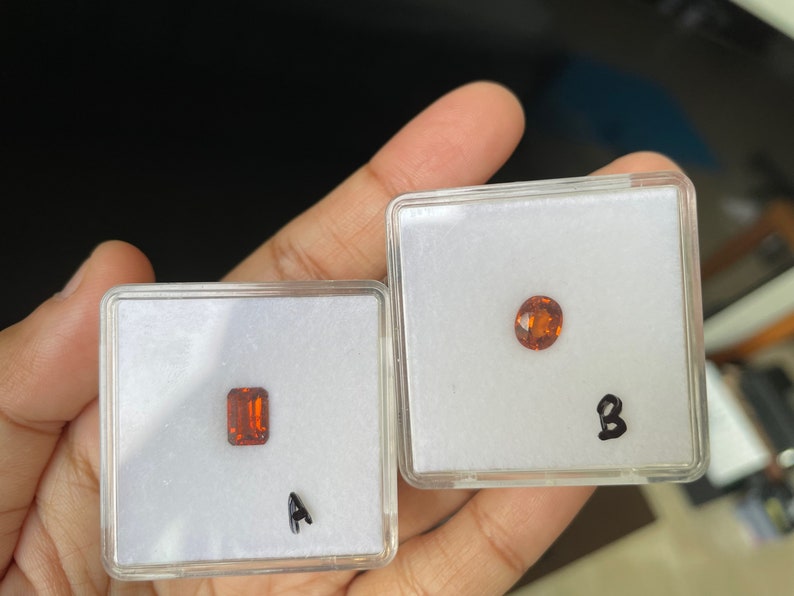 May include: Two small, clear plastic boxes with orange gemstones inside. The boxes are labeled "A" and "B".