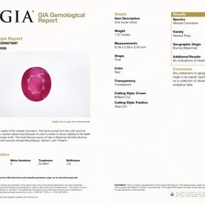 Könnte beinhalten: Ein GIA-gemmologischer Bericht für einen natürlichen Rubin mit 1,07 Karat. Das Dokument zeigt einen roten, ovalen Stein mit den Maßen 6,59 x 5,68 x 3,43 mm, einem Brillantschliff an der Krone, einem Treppenschliff am Pavillon und birmanischer Herkunft.