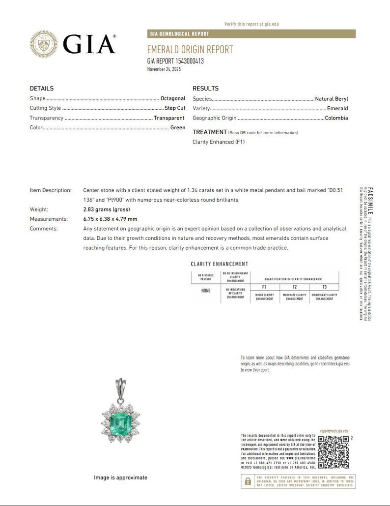 Colgante de esmeralda colombiana GIA F1/Minor de 1,36 ct con diamantes naturales en platino imagen 1