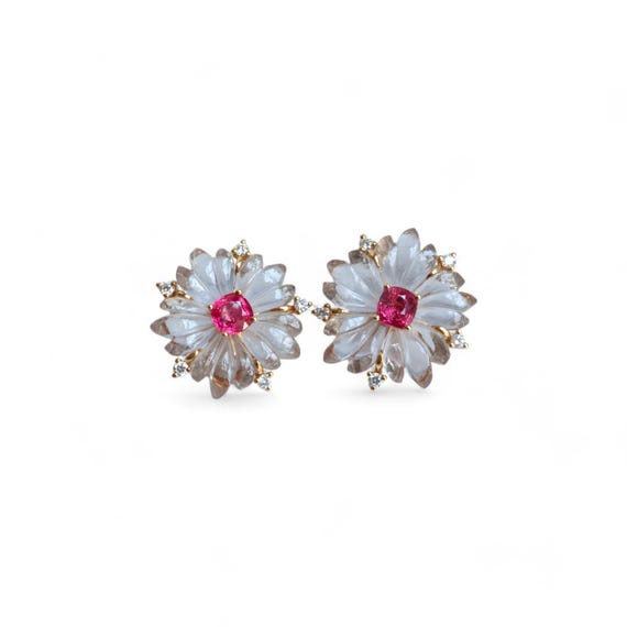 Neon Pink spinel, Diamonds and Natural rose quartz Drop Earring