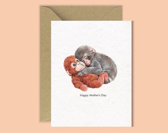 Punch Monkey Mother’s Day Card, Hand Drawn, Cute Baby Monkey mini Greeting Card