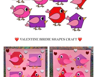 8 Valentine Birdie Shapes Craft, Group Activity for Preschool Elementary, Homeschool Love Birds Shapes, Montessori Shape Lesson, Party Favor