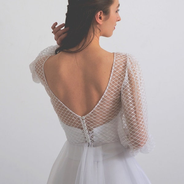 White Tulle Midi Wedding Dress: Elegant Long Sleeve Elopement and Rehearsal Dinner Gown