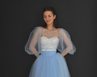 Elegant Blue Prom Dress Wedding Ensemble  Featuring Puff Sleeve Cape and Tulle Skirt Maxi - Perfect Courthouse Dress for Plus Size Brides