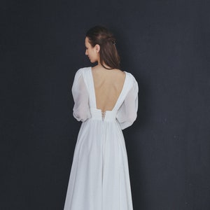 Elegant Winter Wedding Gown Square Neckline, Long Sleeves, Church White Bridal Dress with Train and Open Back A-Line Elopement Dress image 3