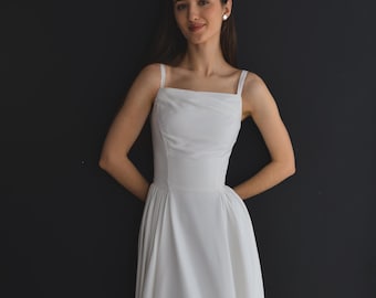 Midi Wedding Dress: Crepe A-Line, Spaghetti Straps, Courthouse Bridal