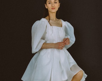 Elegant Organza Short Wedding Dress: Puffy Sleeves, Rehearsal Dinner