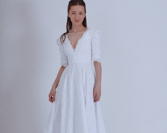Simple Lace Midi Dress - Ideal for Courthouse Wedding, Elopement, Rehearsal Dinner