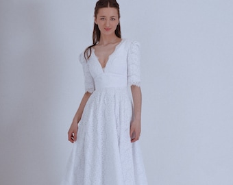 Chic Lace Midi Dress for Courthouse Wedding, Elopement, and Rehearsal Dinner - Simple and Elegant White Bridal Gown