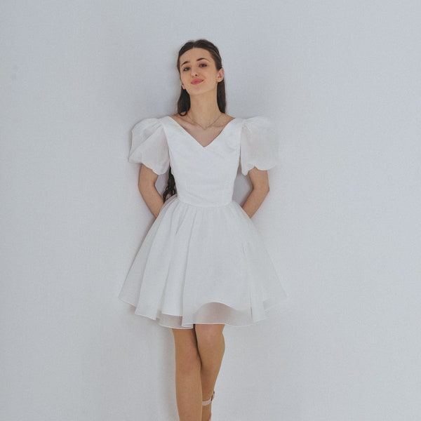 Chic Elopement Dress for Rehearsal Dinner - Short Organza Engagement Gown, Minimalist Wedding Dress in JB Style
