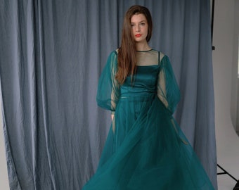 Green wedding or evening tulle dress with puffy sleeves Prom midi dress in EMERALD COLOR  Plus size engagement tulle dresses.