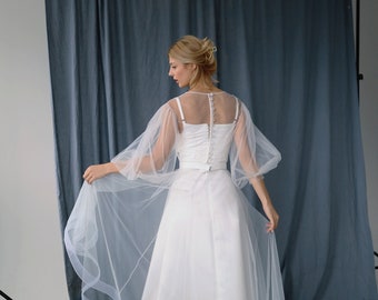 Puffy Sleeve Tulle Midi Wedding Dress, Square Neck Bridal Gown