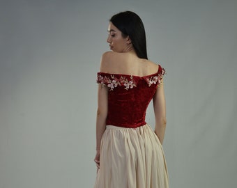 Red  Velvet off shoulder Top, Slit evening skirt, Prom dress, Alternative wedding dress ,Plus Size  Dress