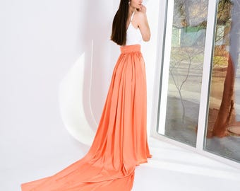 Handmade Peach Silk Maxi Skirt with Train: High Waisted Bridal Attire