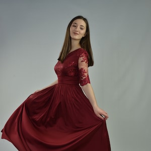Wedding or evening burgundy lace dress with high waist to the floor, Maternity dress, Silk Bridesmaid Dress , Plus Size Dress