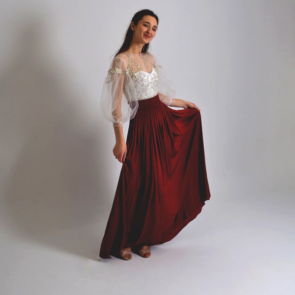 Jupe renaissance bordeaux, jupe longue, jupe taille haute, jupe midi de mariage, jupe en soie grande taille