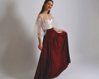 Burgundy renaissance skirt , Maxi Skirt, High Waisted Skirt , Wedding Midi Skirt , Silk Skirt Plus Size