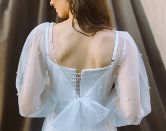 Pearl wedding  overdress with long sleeves , Tulle overlay bridal robe  , Open back boho gown