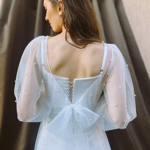 Pearl wedding  overdress with long sleeves , Tulle overlay bridal robe  , Open back boho gown