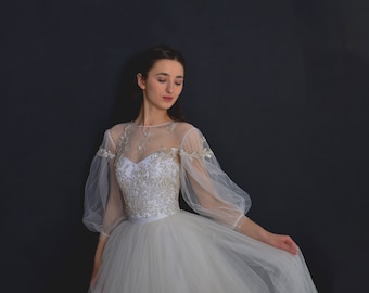 Elven Wedding Dress – Handmade Lace Top, Tulle Skirt, Puff Sleeves