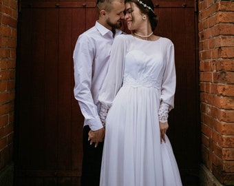 Modest Chiffon Wedding Dress: Long Sleeves, Open Back A-Line