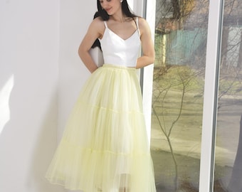 Tiered Tulle Bridal Midi Skirt, Fluffy Wedding Separates, Elastic Waist Handmade Tulle
