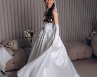Drop Waist Corset Satin Wedding Gown with Train