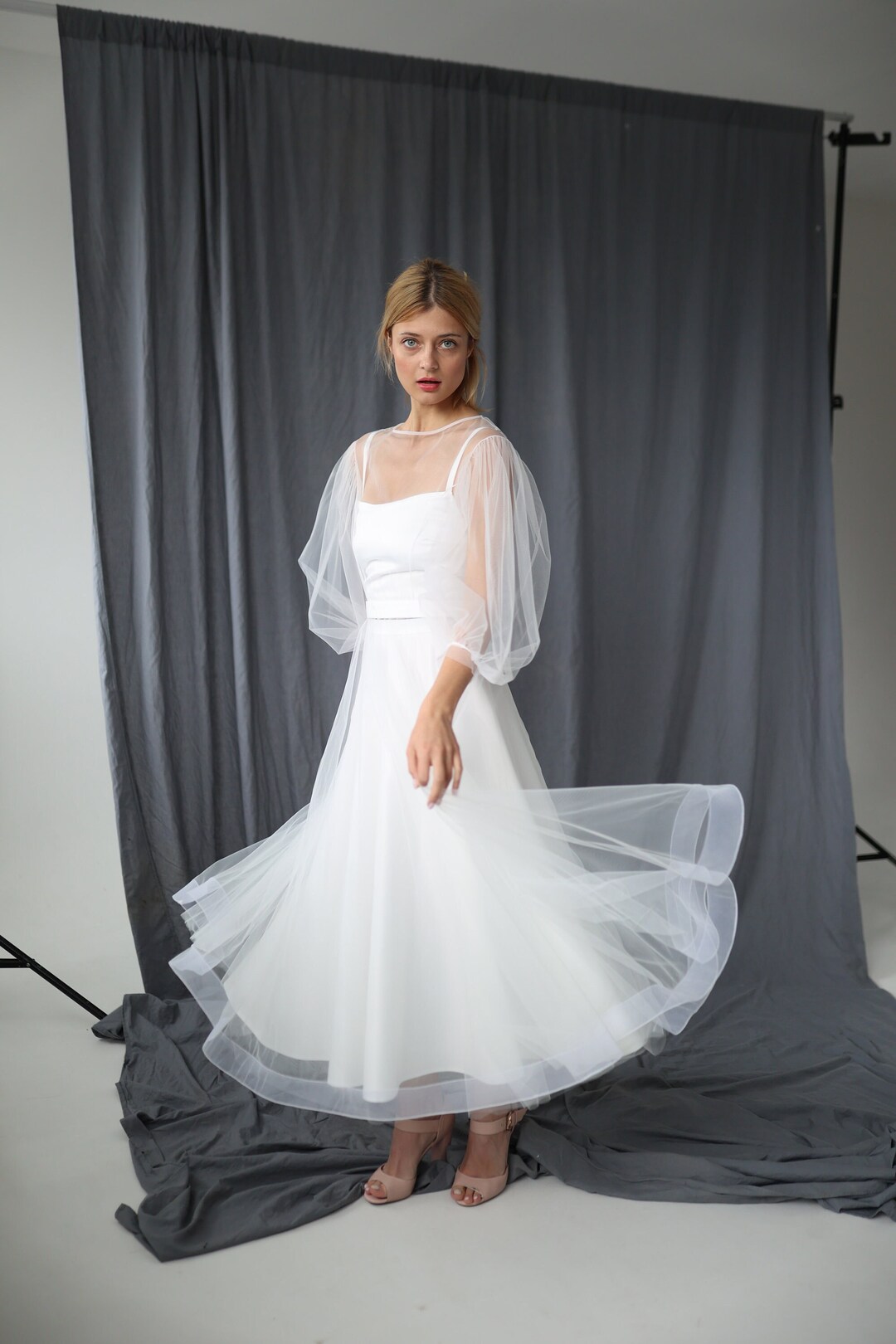 sachin and babi light blue dress Elegant Three Layer Tulle Infinity Dresses for Weddings