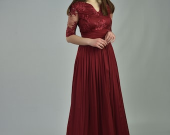 Wedding or evening wine-colored lace dress with high waist to the floor.      Silk Bridesmaid Dress Blue Tulle Prom Dress  Plus Size Dress