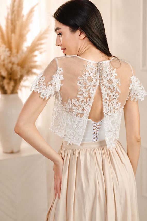 lace top satin skirt wedding dress Two Piece Wedding Dress: Lace Crop Top & Satin Skirt Matching Set