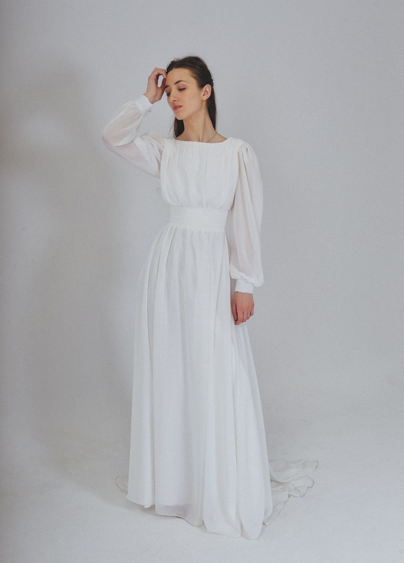 Boho backless wedding dress with sguare neckline and long sleeves , Chiffon simple white bridal gown with train , A-line ellope dress image 1