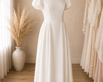 Minimalist Crepe Midi Wedding Dress, Puff Sleeve Bridal Gown, Elegant Civil Ceremony