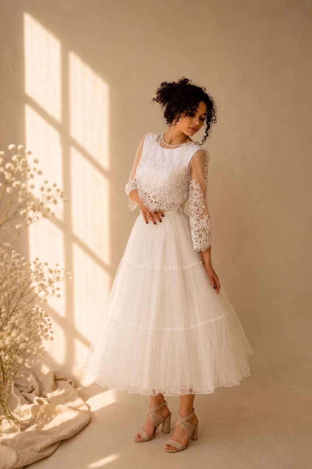 Handmade White Tulle Midi Skirt: Tiered Bridal Rehearsal Dinner
