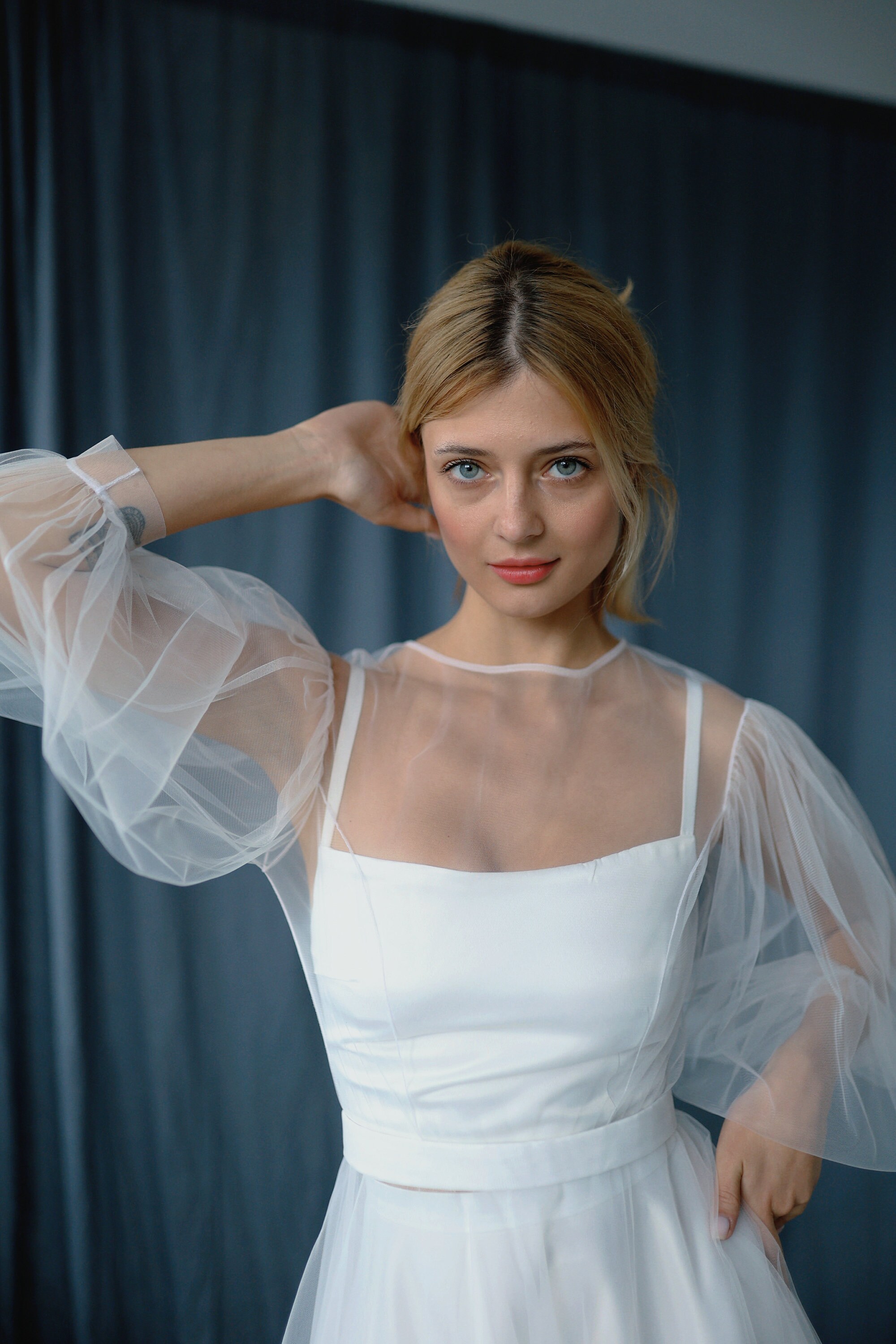 white tulle midi dress with sleeves May Rose Off-Shoulder Tulle Midi Dress Off White