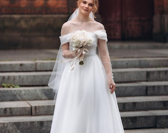 A-Line Organza Wedding Dress – Corset, Removable Sleeves, Pearl Bodysuit