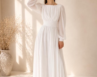 Boho Chiffon Wedding Gown: Long Sleeve A-Line Open Back Dress