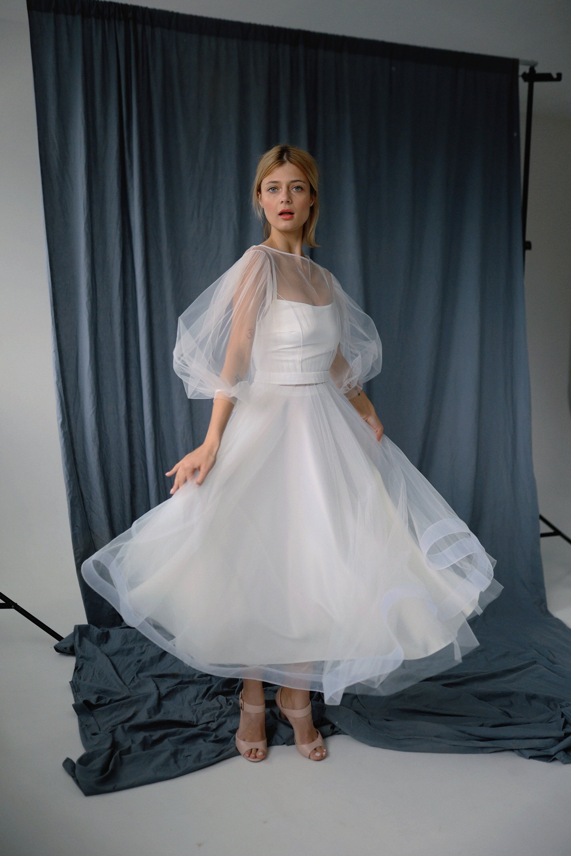 Puffy Sleeves Wedding Dress - Dark Blue Midi Gown - Simple Engagement Dress - White Cocktail Tulle Dress -Bridal Shower Dress