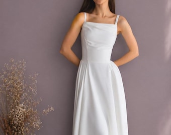 Midi Wedding Dress: Crepe Square Neckline, Spaghetti Straps