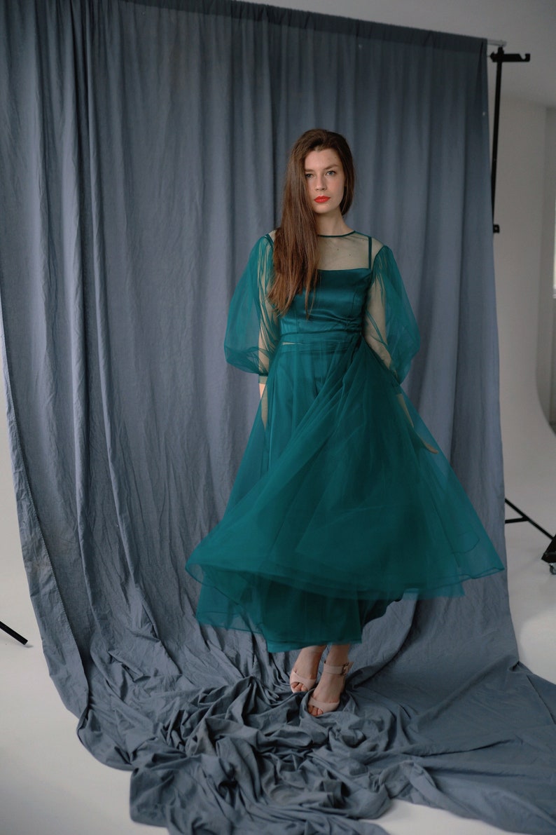 Sleeveless One Shoulder Tulle Pleated Dress Emerald Plus Size