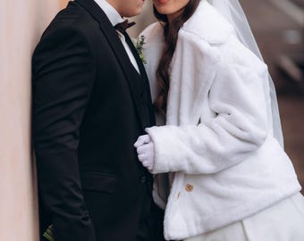 Winter Bride Fur Coat | Short , Warm Lining , Long Sleeves, and Pockets for  Weddings