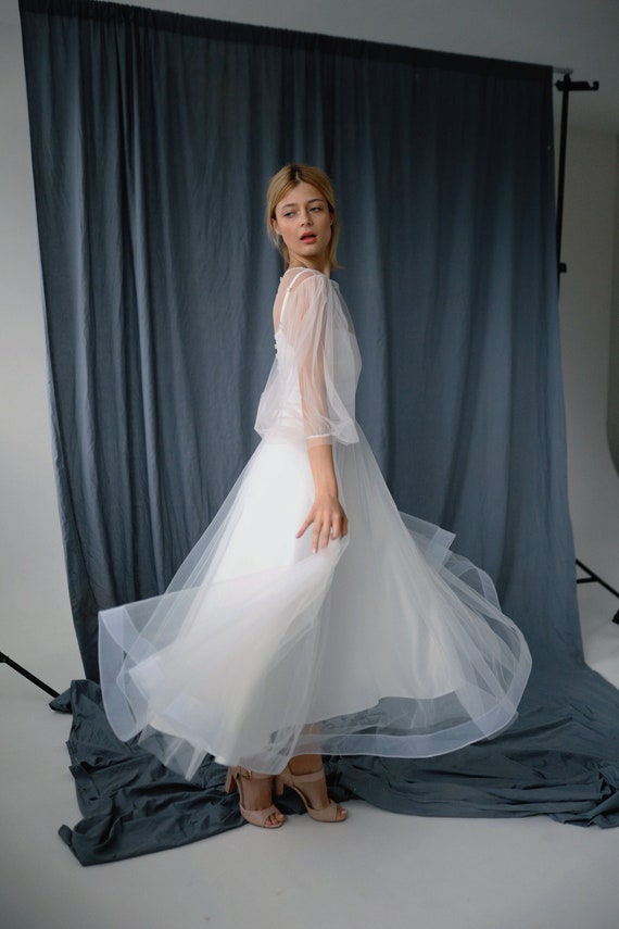 Wedding Tulle Midi Dress: Puffy Sleeves, Bridal Separates, Evening Gown