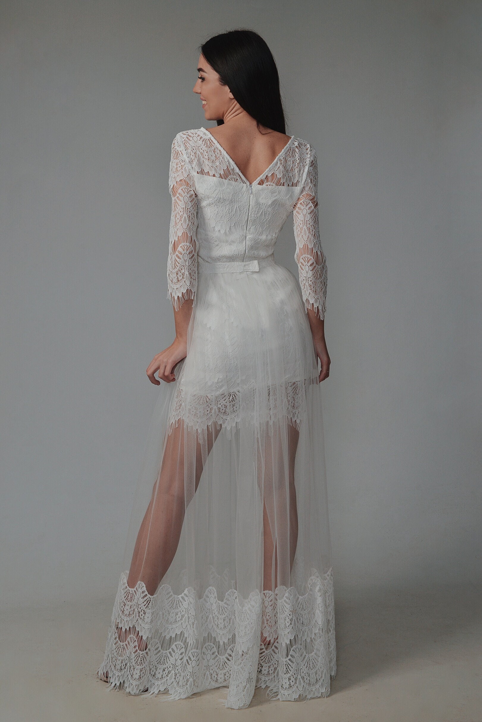 Lace Mini Wedding Dress: Long Sleeve Bridal Shower Gown