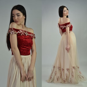 Red velvet wedding or evening top, Slit Wedding Dress, Off Shoulder Prom dress,Plus Size  Dress