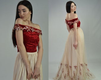 Red velvet wedding or evening top, Slit Wedding Dress, Off Shoulder Prom dress,Plus Size  Dress