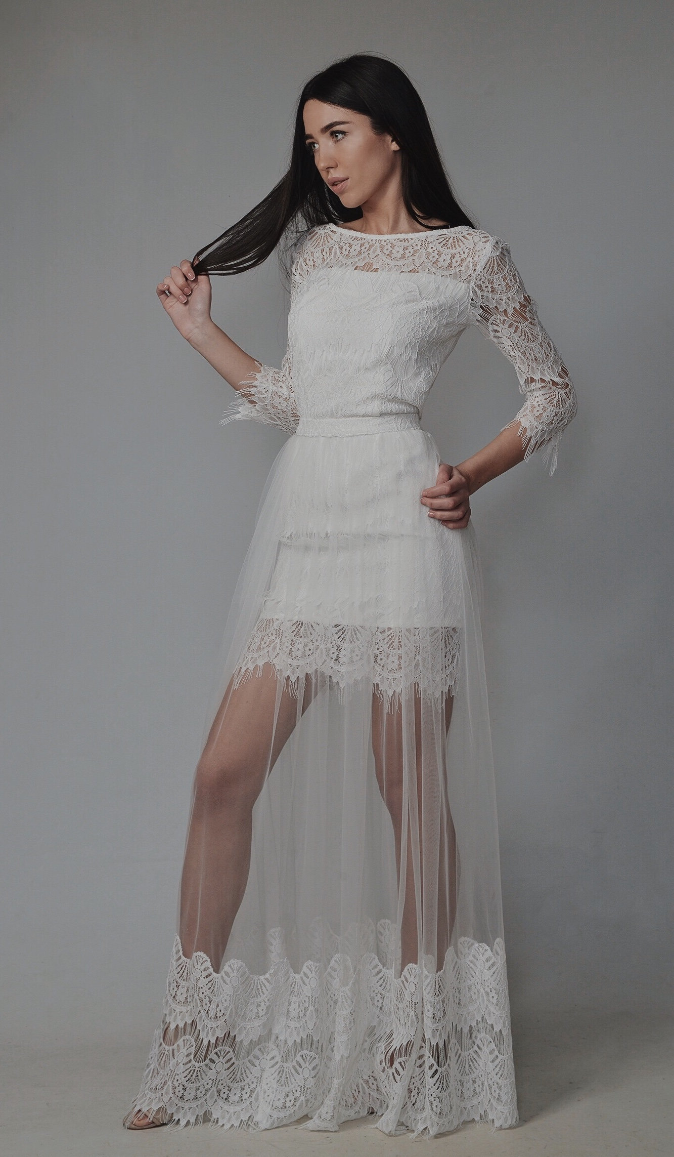Lace Short Wedding Dress With Long Sleeves Bridal Shower, Rehearsal Dinner