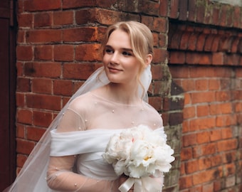 Long Sleeve Tulle Bodysuit with Pearls & Buttoned Back for Weddings